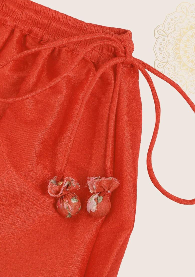 Red Embroidered Blended Lehenga Choli For Girls - Indya