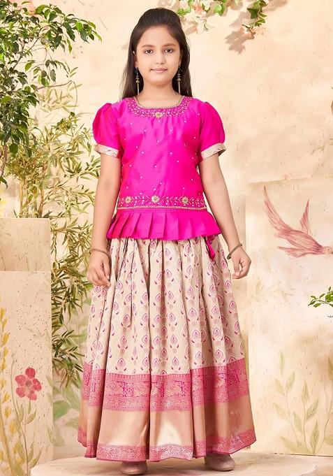 Pink Embroidered Silk Lehenga Choli For Girls — view on Indya