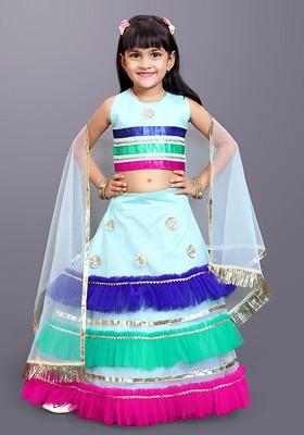 Sea Green Embellished Blended Lehenga Choli For Girls