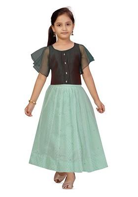 Green Embroidered Net Lehenga Choli For Girls