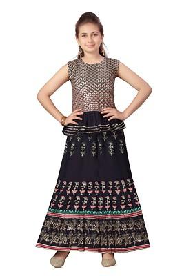 Navy Blue Printed Blended Lehenga Choli For Girls