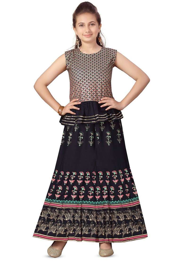 Black Printed Blended Lehenga Choli For Girls - Indya