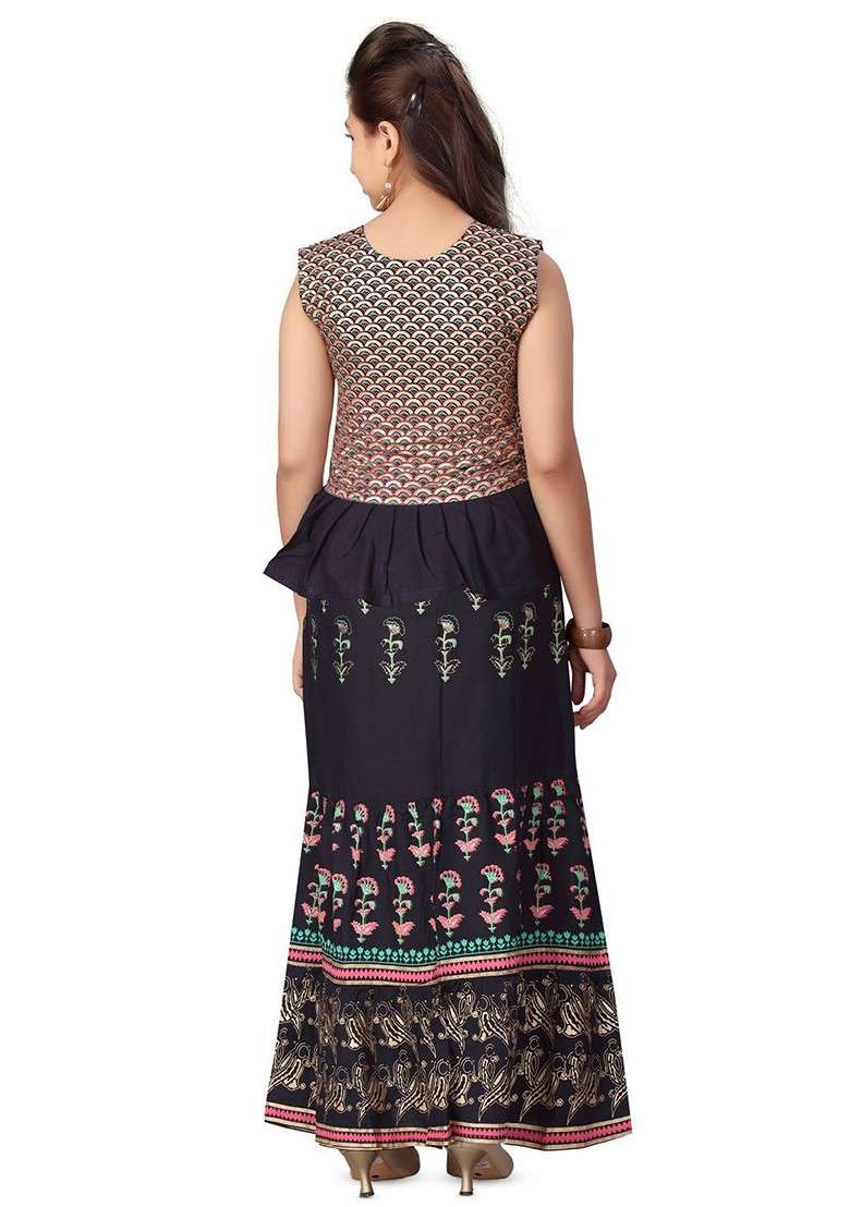 Black Printed Blended Lehenga Choli For Girls - Indya