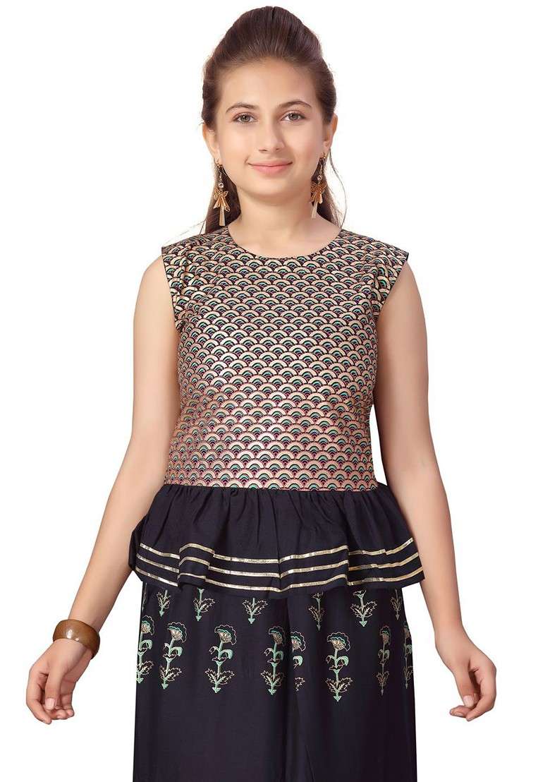 Black Printed Blended Lehenga Choli For Girls - Indya