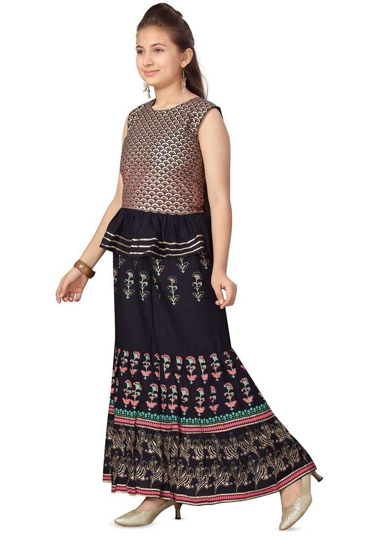 Black Printed Blended Lehenga Choli For Girls - Indya