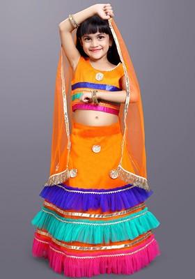 Orange Embroidered Blended Lehenga Choli For Girls