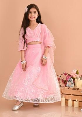 Pink Embellished Blended Lehenga Choli For Girls