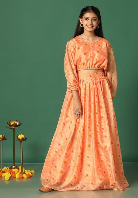 Orange Printed Blended Lehenga Choli For Girls — view on Indya