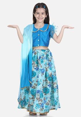 Blue Embroidered Blended Lehenga Choli For Girls
