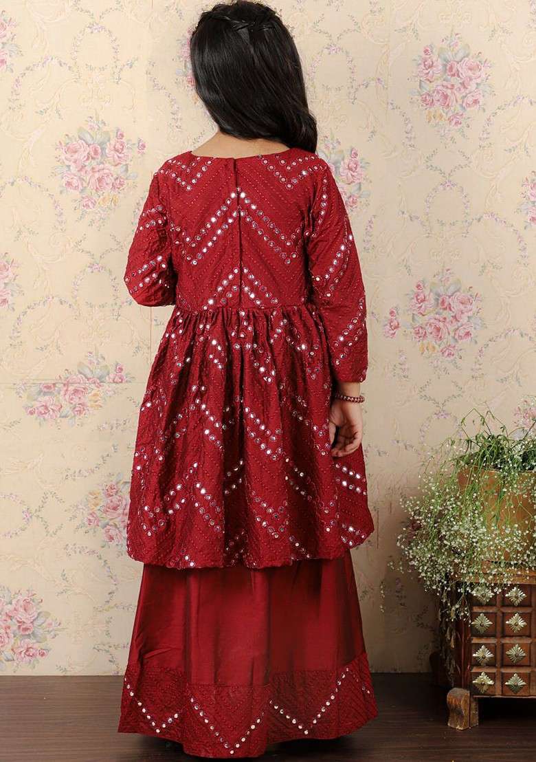 Maroon Embellished Blended Lehenga Choli For Girls - Indya