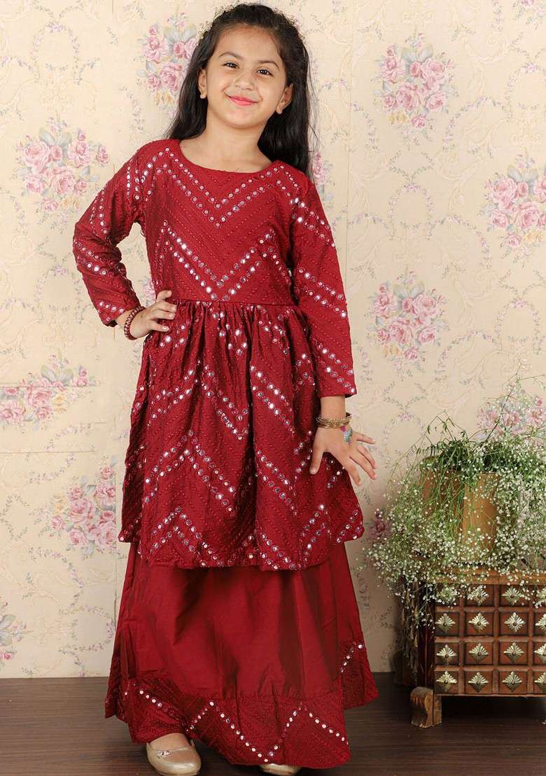 Maroon Embellished Blended Lehenga Choli For Girls - Indya