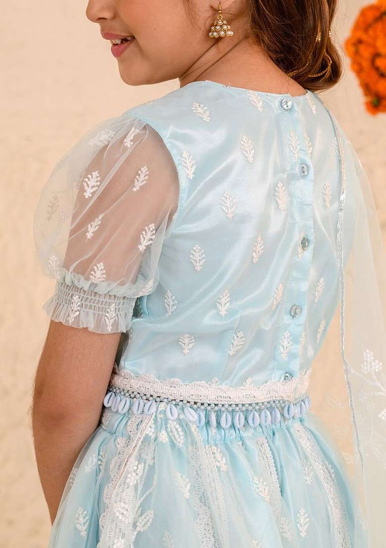 Blue Embroidered Blended Lehenga Choli For Girls - Indya
