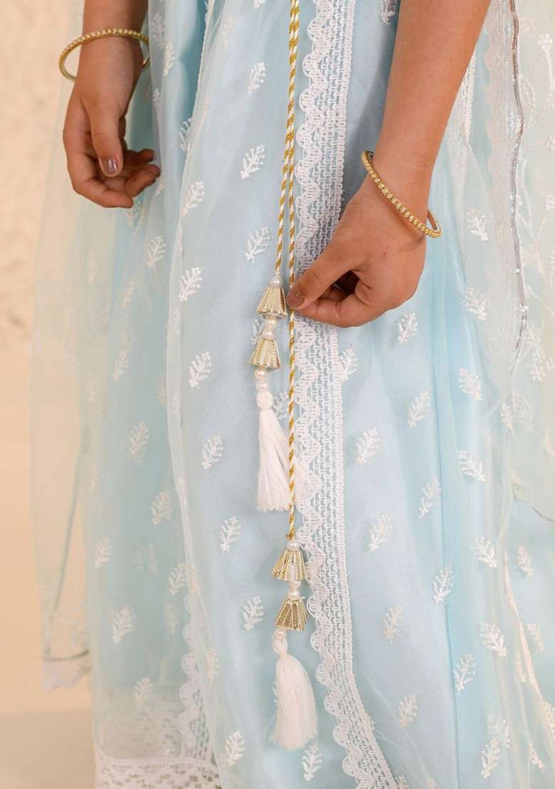Blue Embroidered Blended Lehenga Choli For Girls - Indya