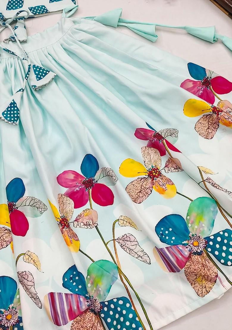 Blue Printed Viscose Lehenga Choli For Girls - Indya