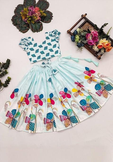 Blue Printed Viscose Lehenga Choli For Girls