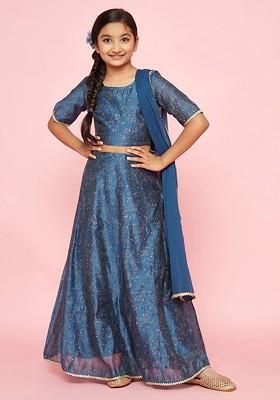 Blue Printed Blended Lehenga Choli For Girls