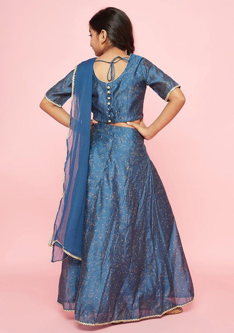 Blue Printed Blended Lehenga Choli For Girls - Indya