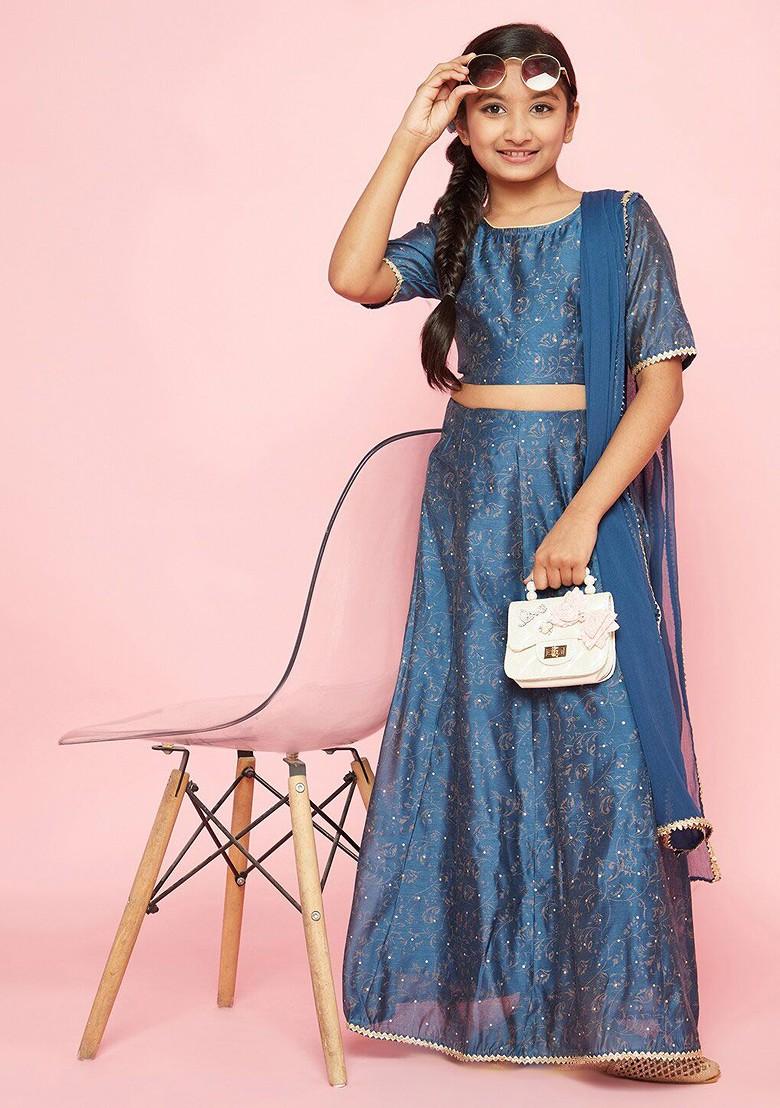 Blue Printed Blended Lehenga Choli For Girls - Indya