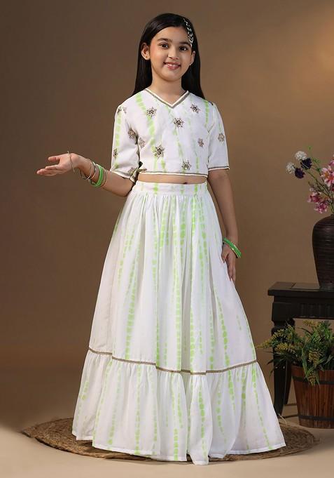 Green Printed Blended Lehenga Choli For Girls — view on Indya