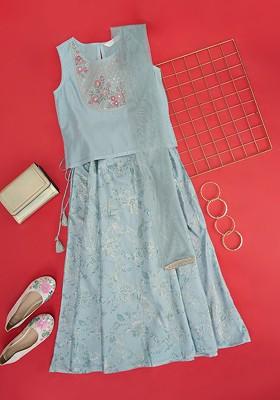 Turquoise Blue Embroidered Blended Lehenga Choli For Girls