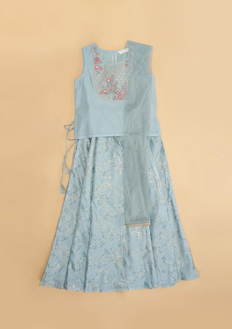 Turquoise Blue Embroidered Blended Lehenga Choli For Girls - Indya