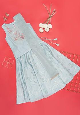 Turquoise Blue Embroidered Blended Lehenga Choli For Girls