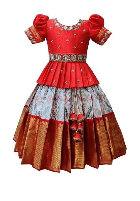 Red Embroidered Blended Lehenga Choli For Girls