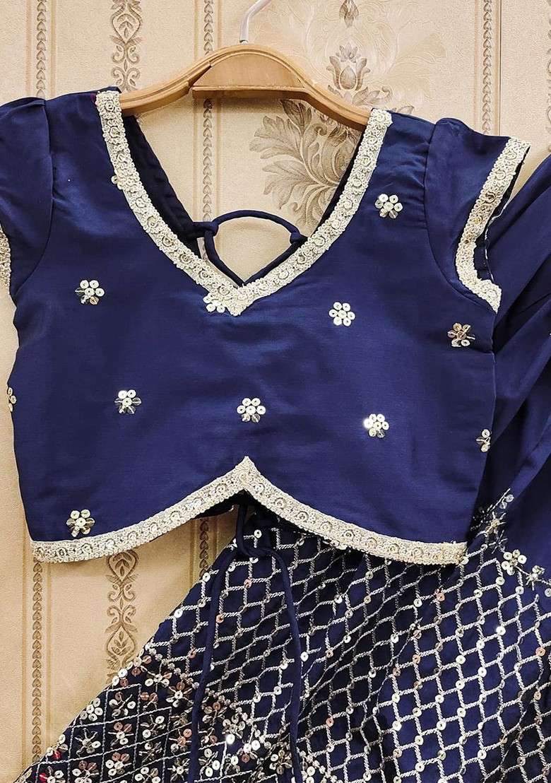 Blue Embroidered Blended Lehenga Choli For Girls - Indya