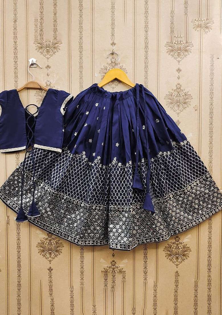 Blue Embroidered Blended Lehenga Choli For Girls - Indya
