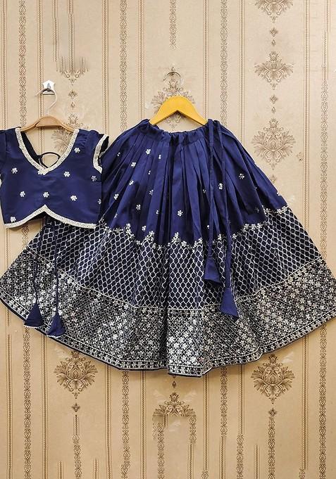 Blue Embroidered Blended Lehenga Choli For Girls