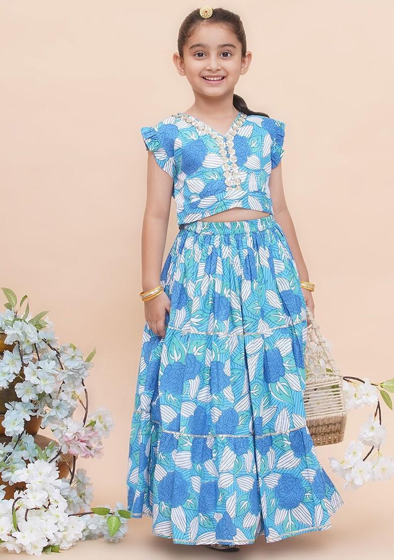 Blue Embellished Blended Lehenga Choli For Girls - Indya