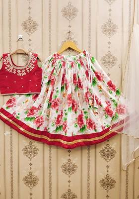 Red Embroidered Blended Lehenga Choli For Girls