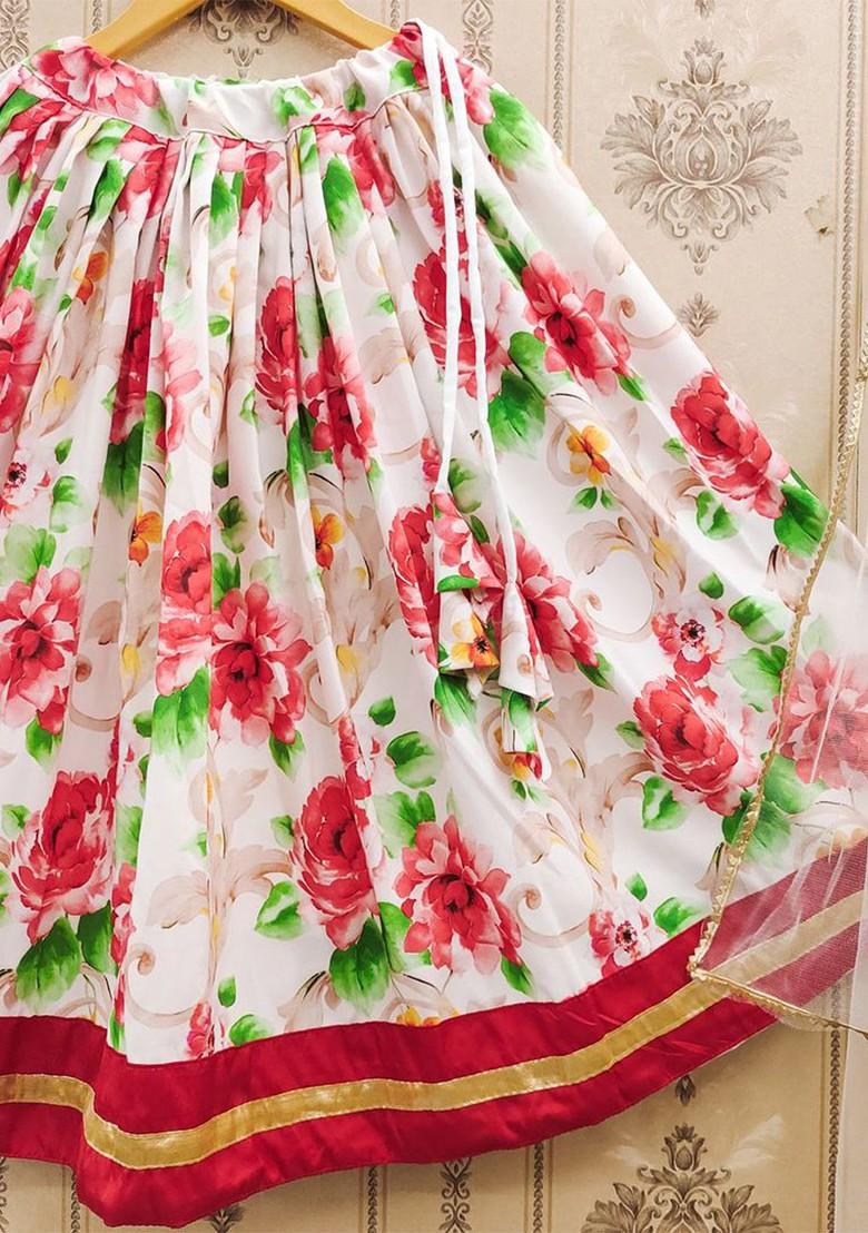 Red Embroidered Blended Lehenga Choli For Girls - Indya