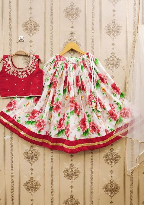 Red Embroidered Blended Lehenga Choli For Girls