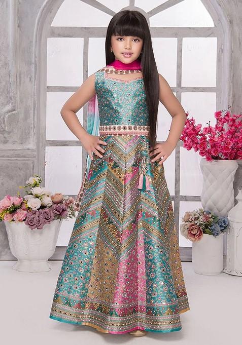 Blue Printed Blended Lehenga Choli For Girls