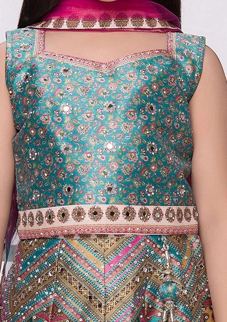 Multicolor Embroidered Silk Lehenga Choli For Girls - Indya