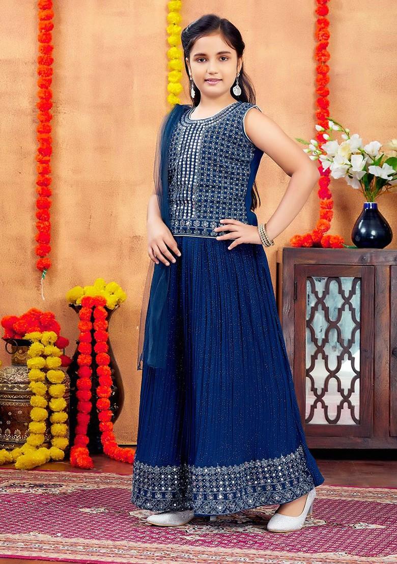 Teal Embellished Blended Lehenga Choli For Girls - Indya