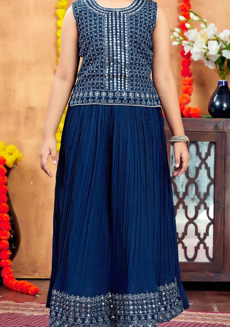 Teal Embellished Blended Lehenga Choli For Girls - Indya