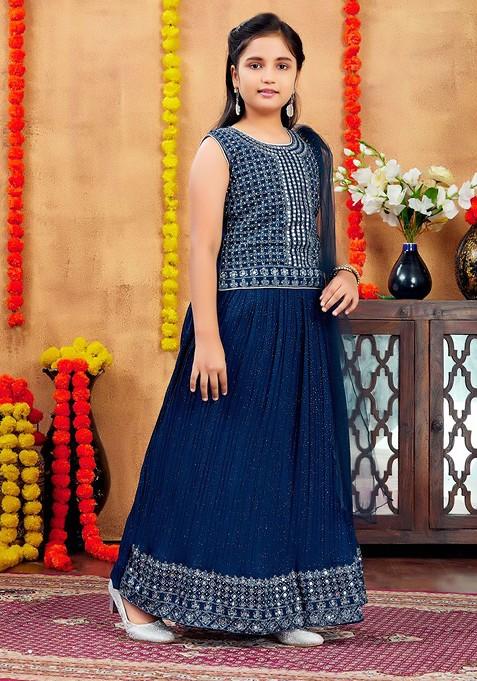 Teal Embellished Blended Lehenga Choli For Girls — view on Indya