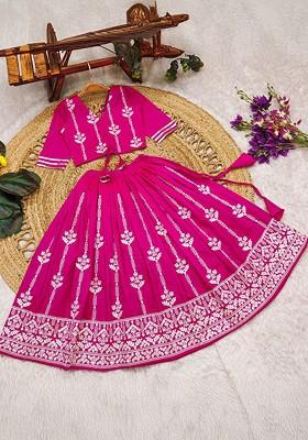 Pink Embroidered Blended Lehenga Choli For Girls