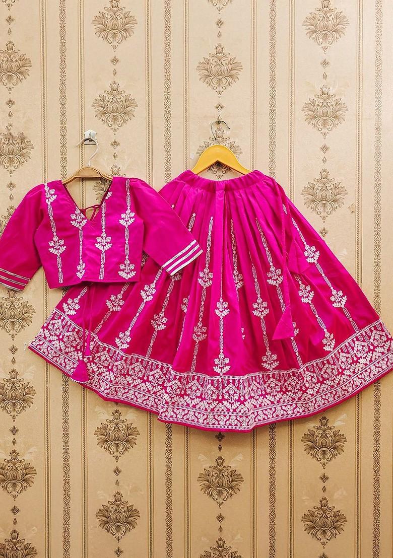 Pink Embroidered Blended Lehenga Choli For Girls - Indya
