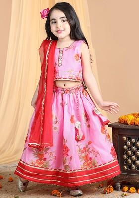 Pink Printed Blended Lehenga Choli For Girls
