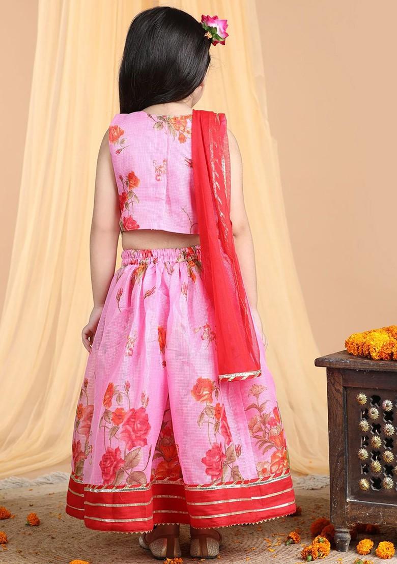 Pink Printed Blended Lehenga Choli For Girls - Indya