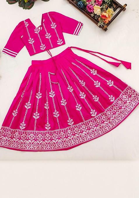 Pink Embroidered Silk Lehenga Choli For Girls — view on Indya