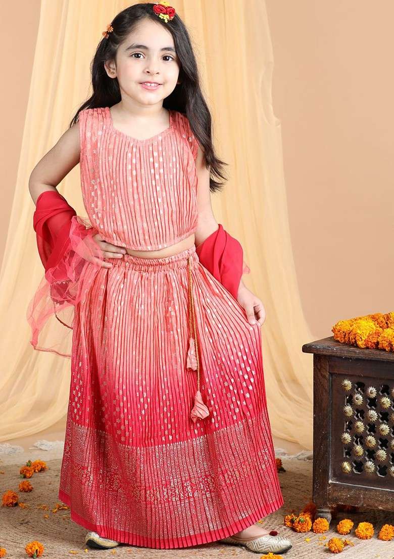 Peach Embroidered Blended Lehenga Choli For Girls - Indya