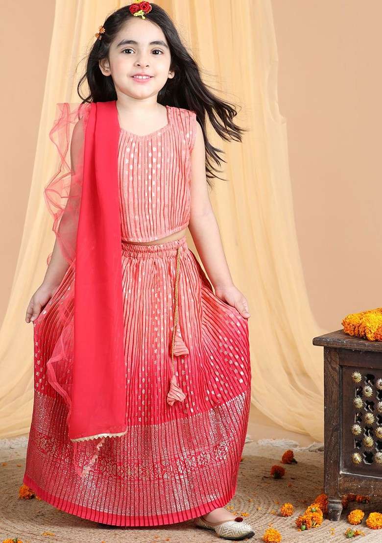 Peach Embroidered Blended Lehenga Choli For Girls - Indya