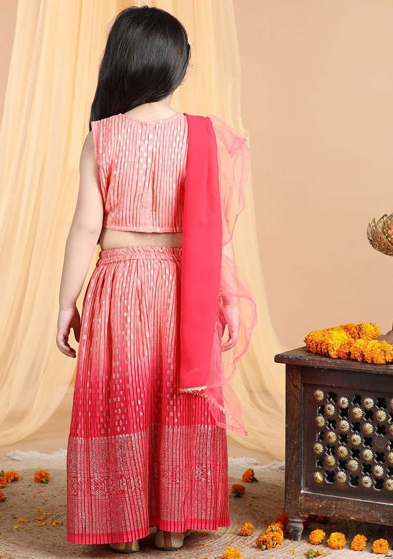 Peach Embroidered Blended Lehenga Choli For Girls - Indya
