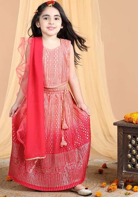 Peach Embroidered Blended Lehenga Choli For Girls