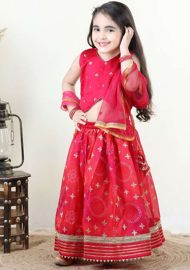 Pink Embroidered Blended Lehenga Choli For Girls - Indya