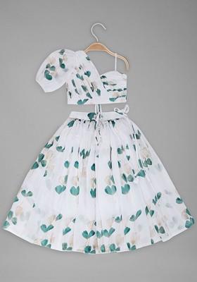 White Printed Blended Lehenga Choli For Girls